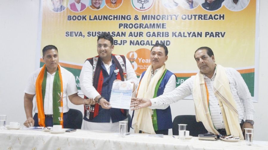 National Executive Member, Minority Morcha BJP Pratik Edwin Sharma launching the book at Hotel Saramati, Dimapur on June 6. Sharma is accompanied by Minority Morcha BJP Nagaland, Deep Kumar; State General Secretary of Nagaland BJP Khevishe Sema and General Secretary (Org) BJP Nagaland and in-charge for Nagaland and Manipur Abhay Giri. (Morung Photo)